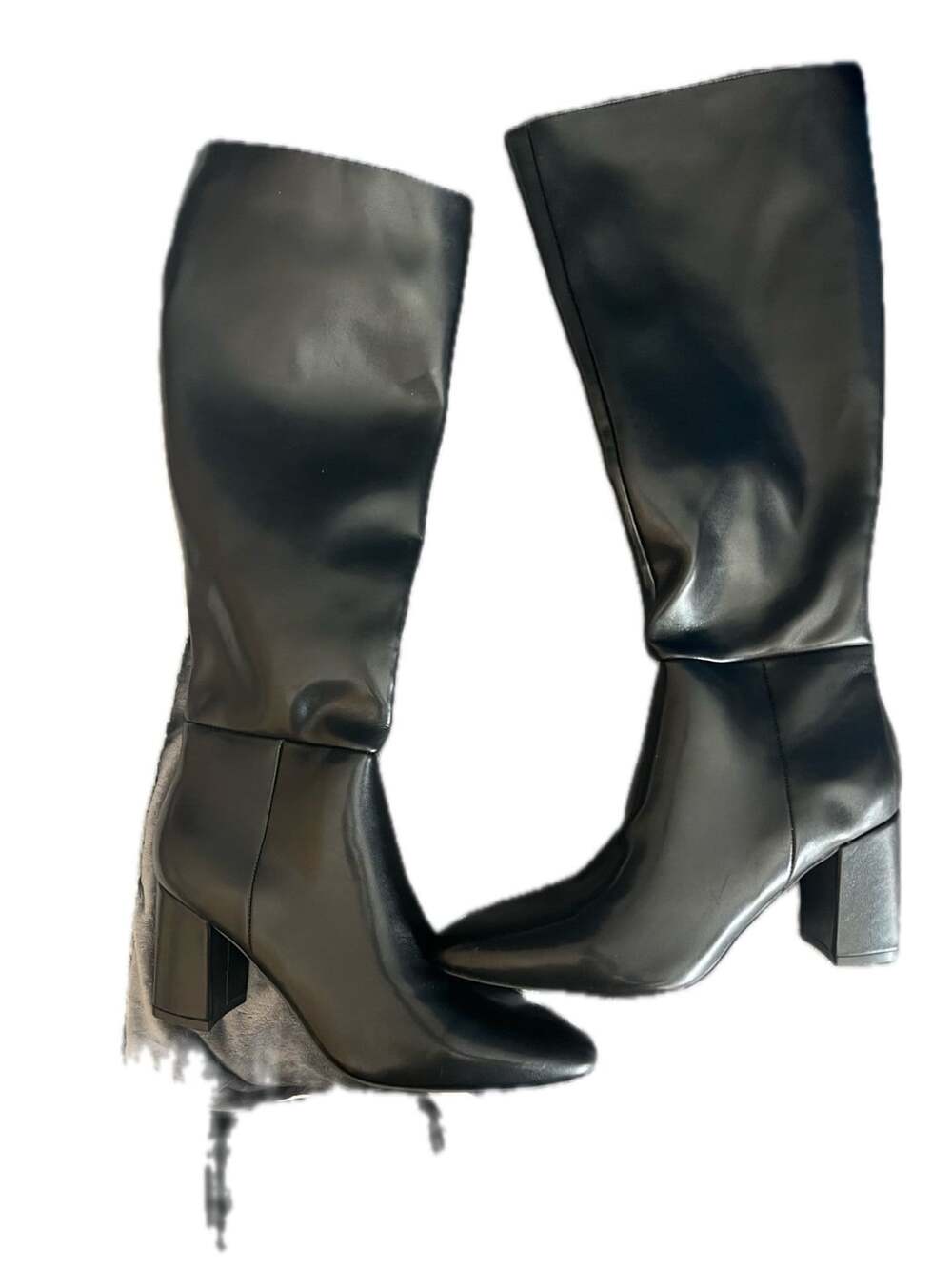 Black Faux Leather Knee High Square Toe Boots with Block Heel Size 10